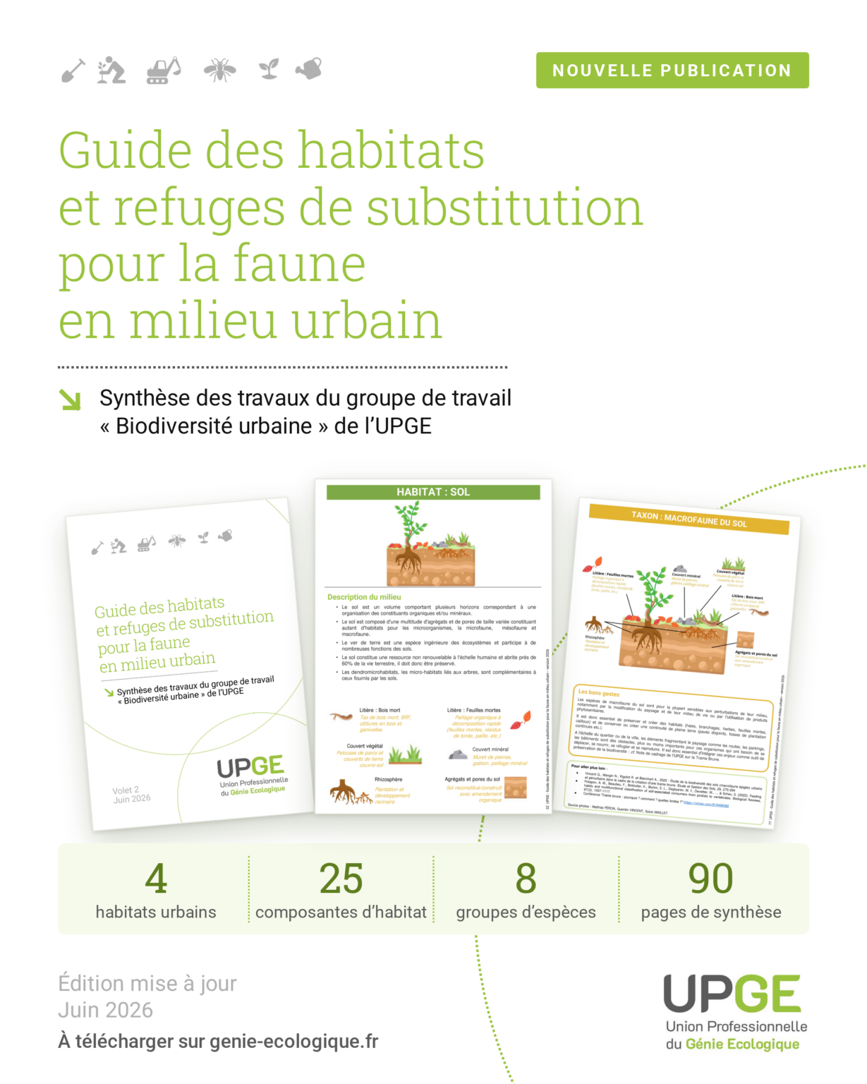 Visuel nouvelle publication : Guide des habitats et refuges de substitution pour la faune en milieu urbain, volet 2, juin 2026. 4 habitats urbains, 25 composantes d’habitat, 8 groupes d’espèces, 90 pages de synthèse.